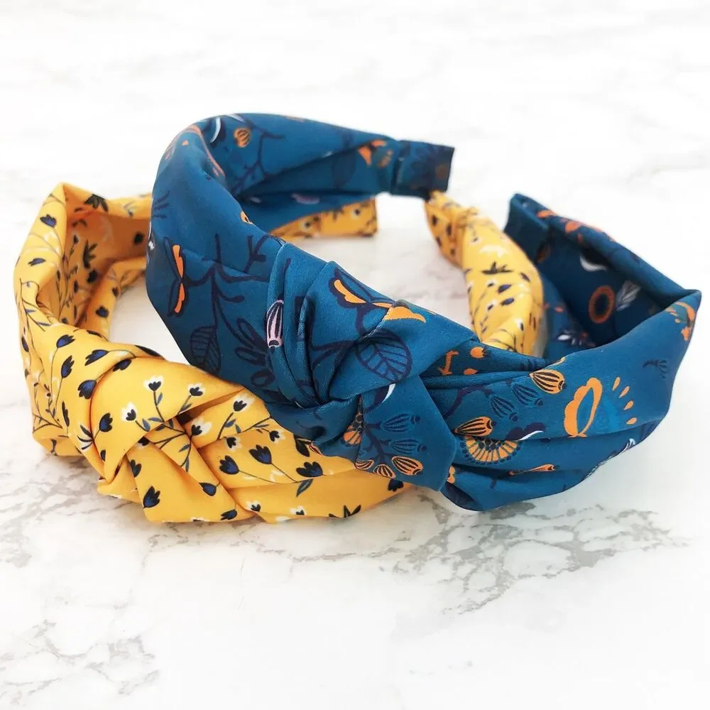 NWOT Headbands of Hope Blue & Yellow Knotted Satin Floral Headbands, Set of 2